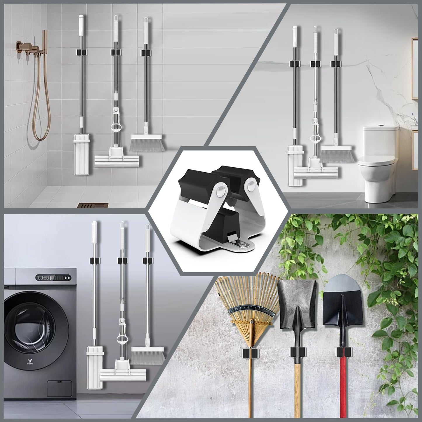 3-H Broom Hanger,Mop Holder Wall Mount 8 Pack, Broom Holder Wall Mount for Hanging and Organizing Shovel,Rake,Brush,Yard Tools in Kitchen,Laundry Room,Bathroom,House(black)
