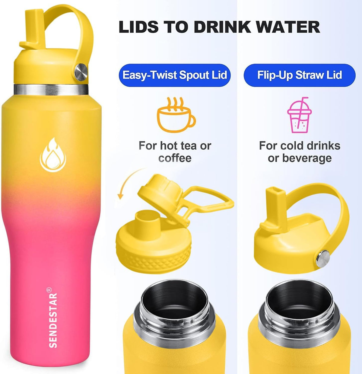 SENDESTAR 40oz Stainless Steel Water Bottle(Cold for 48 Hrs, Hot for 24 Hrs),Double Wall Vacuum Insulated Bottle with Straw Lid, Spout Lid and Flex Cap, Fit in Any Car Cup Holder
