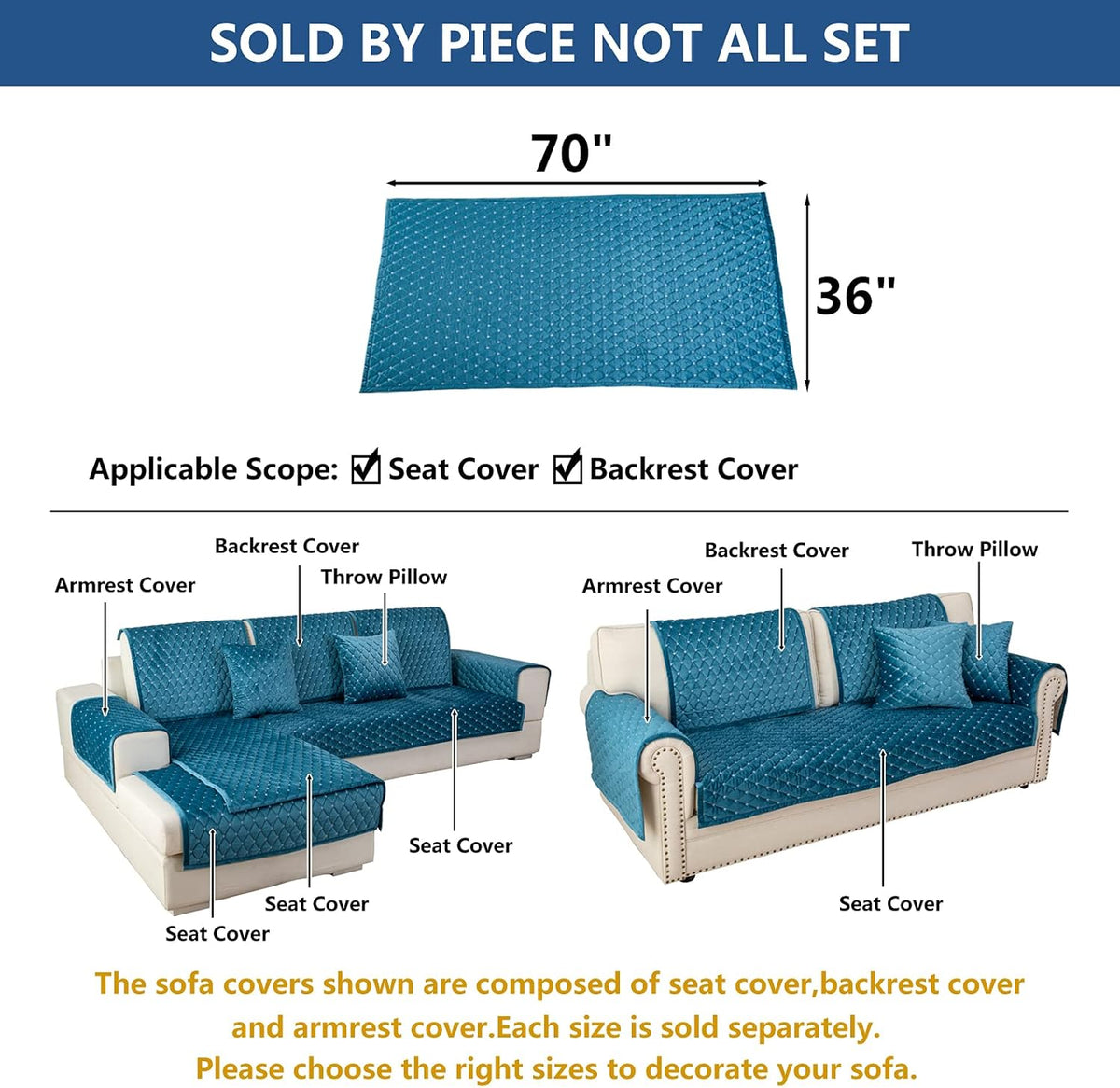 Eismodra Couch Cover,Sectional Couch Covers,Sofa Covers for 3 Cushion Couch,Anti-Slip Sofa Slipcovers for Dogs Cats Kids Loveseat Recliner L Shaped Armrest Backrest,Blue 36''x70''(Only 1 Piece)