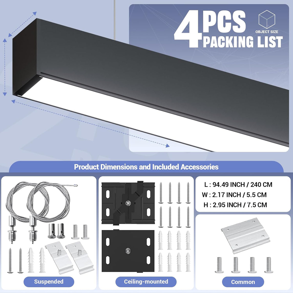 8FT LED Linear Light,100/90/80/70/60W Up and Down Light, 3000/4000/5000K CCT,Commercial And Residential Linear Lights Fixture for Office,Pendant Lights for Home,Shop,Garage,Basement,School-4Pack