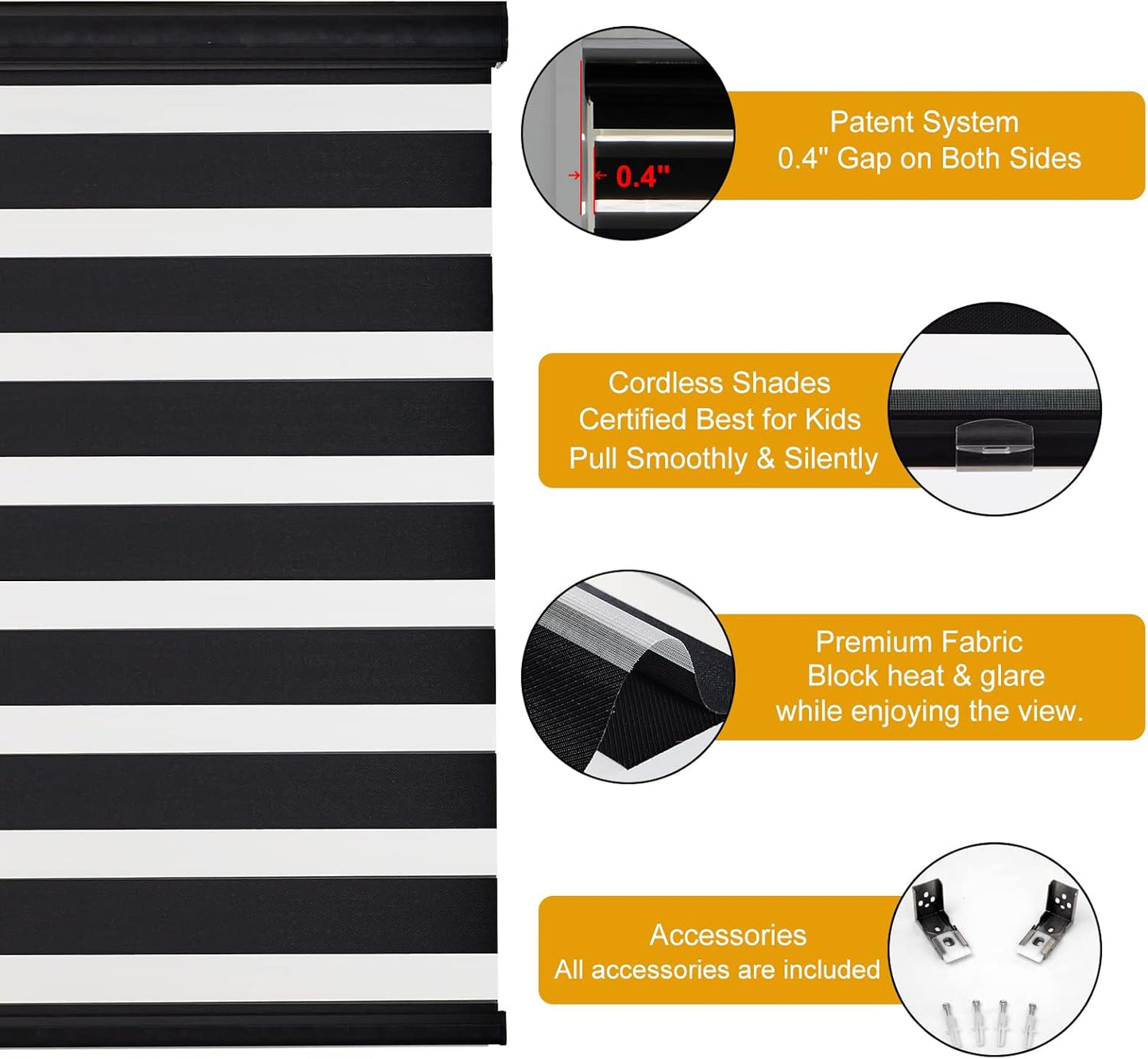 Persilux Cordless Zebra Blinds for Windows (34" W X 64" H, Black) Free-Stop Windows Shades Dual Layer Light Control for Day and Night, Light Filtering Sheer Shades for Home, Easy to Install