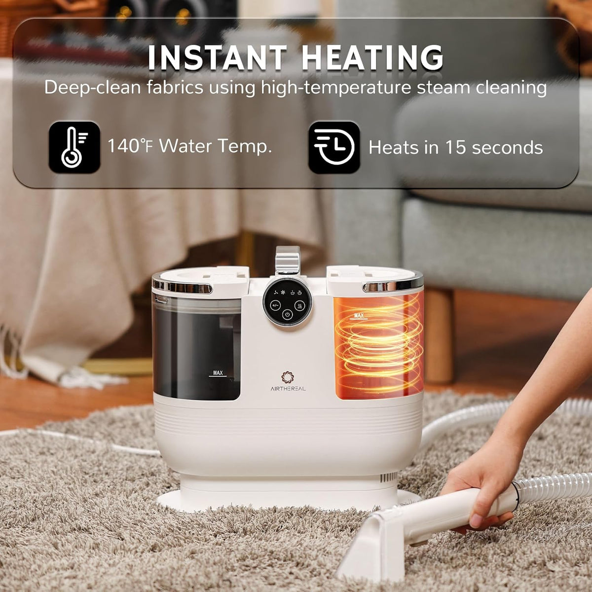 Airthereal Portable Upholstery Spot Cleaner, Instant Heating Carpet Cleaner Machine, Shampooer Machine with Self-Cleaning, 14 Kpa Stain Remover Deep Cleaner for Pets, Stairs, Car Seat and Couch