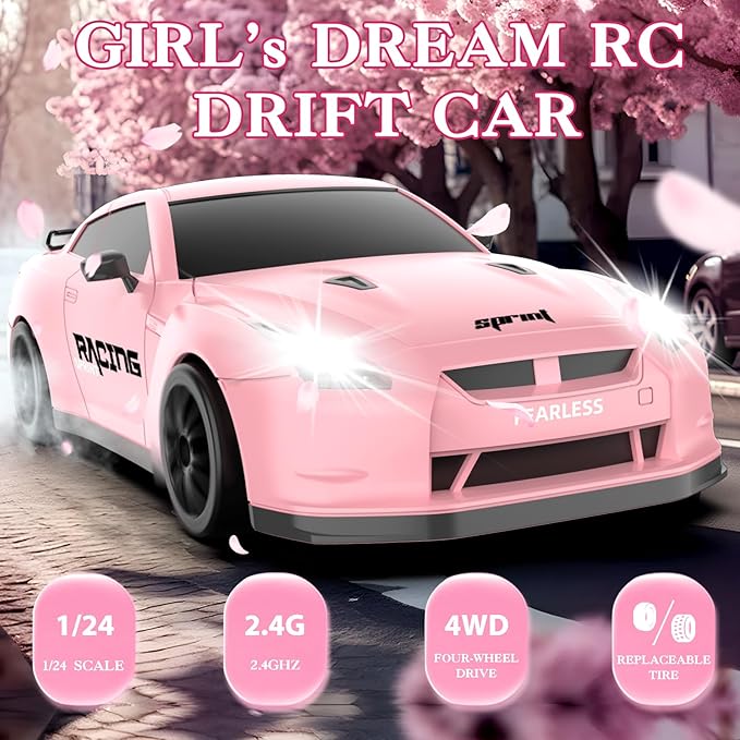 RC Drift Car, 1/24 Pink Remote Control Car for Girls, 2.4GHz 4WD High Speed Drifting RC Cars with LED Light, Two Batteries and Drift Tires, Racing Toy Cars for Kids Adults Girl Boys, Pink