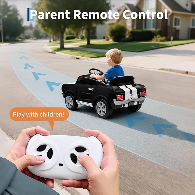 12V Ride on Car Licensed Shelby GT350, Battery Powered Ride On Toy for Toddlers with Remote Control, Electric Car for Kids, Bluetooth, Shock Absorbers, Safety Belt, 3 Speeds, LED Lights, Music, Black