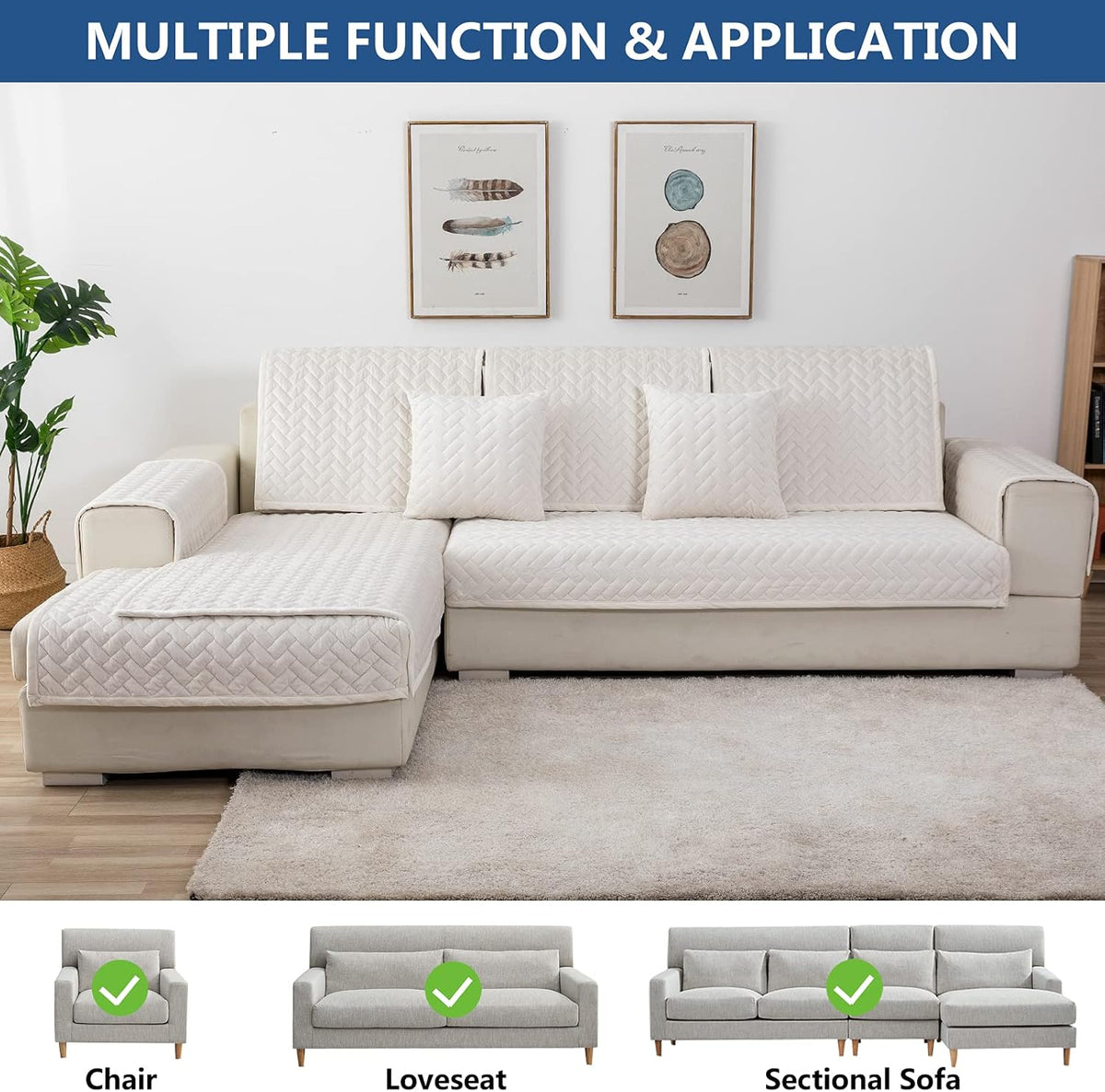 Eismodra Couch Cover,Sectional Couch Covers,Sofa Covers for 3 Cushion Couch,Anti-Slip Sofa Slipcovers for Dogs Cats Kids Loveseat Recliner L Shaped Armrest Backrest,White 36''x36''(Only 1 Piece)