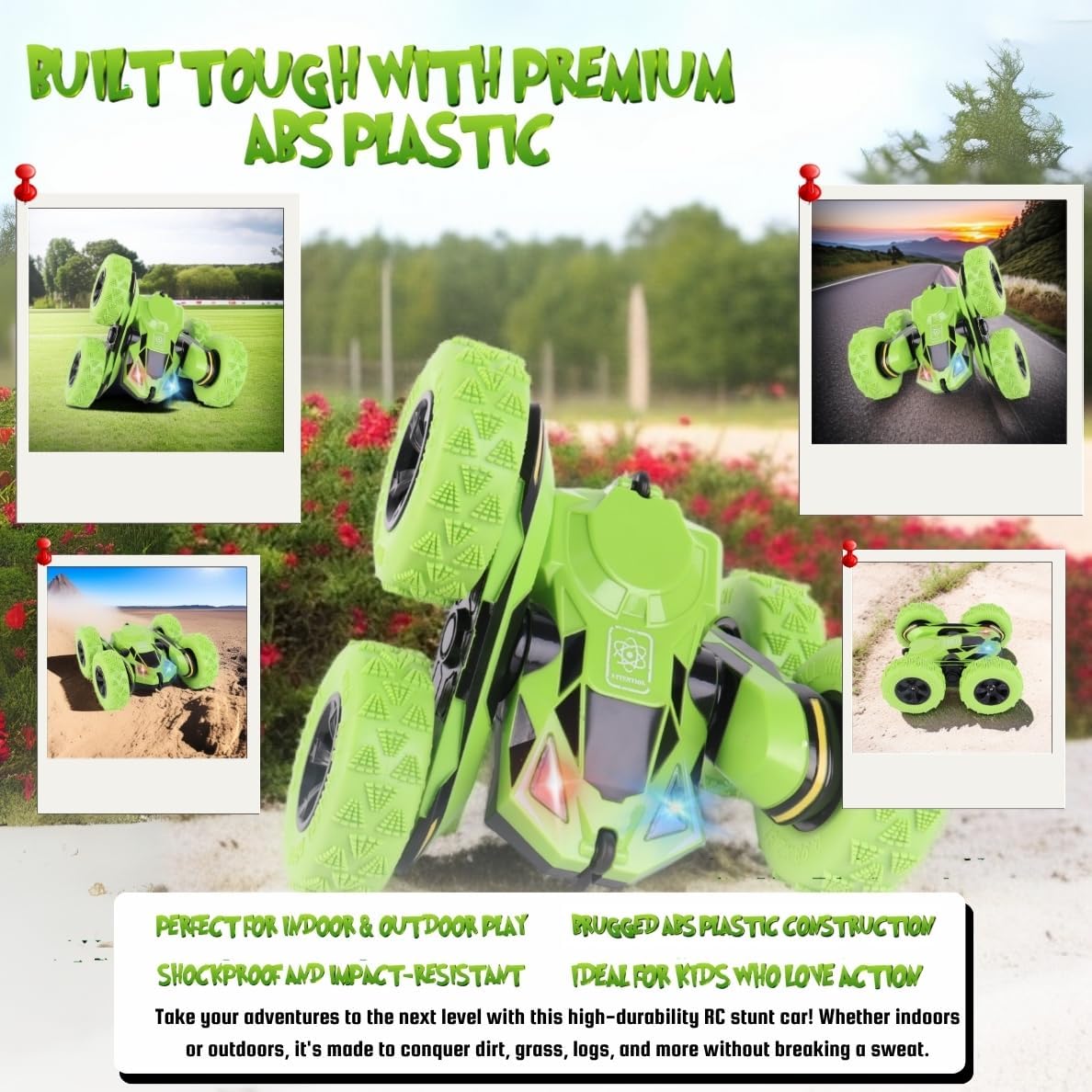 RC Stunt Car, Remote Control Double-Sided Driving 360° Flips & Rotations, Rechargeable Lithium Batteries, Color-Changing Lights, for Kids Ages 6-12, Green