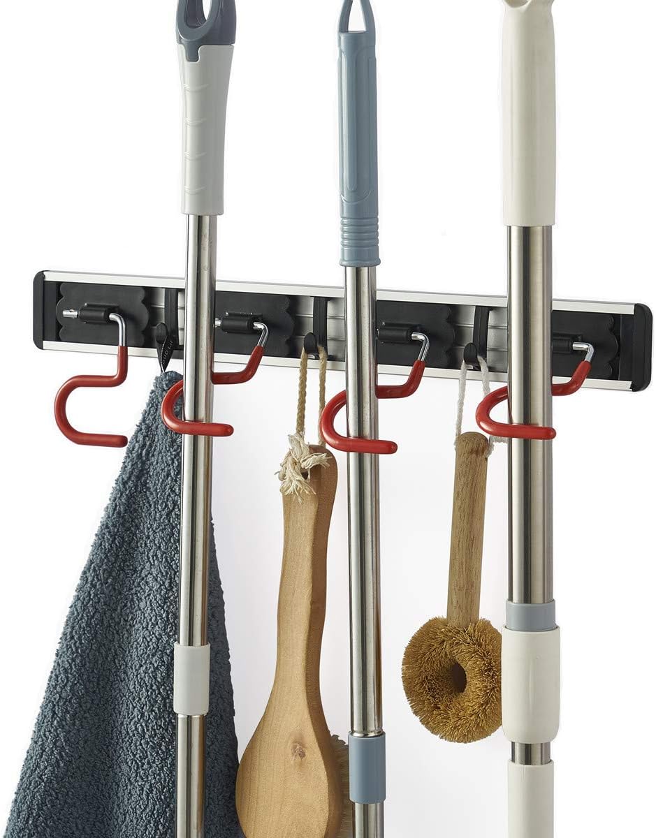 QBOSO Wall Mounted Mop and Broom Holder Stainless Steel S Type Broom Rack Anti-Slip Mop Organizer (17 Inches,4 Positions 3 Hooks, Red black)