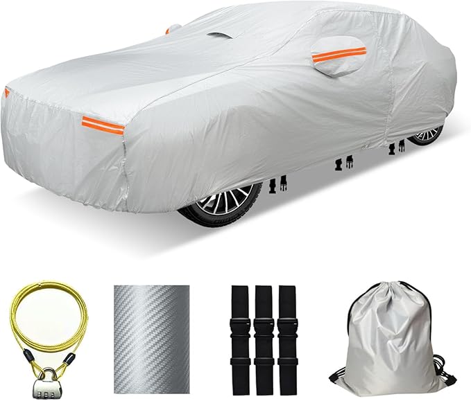 30 Layers Car Cover for Automobiles All Weather Waterproof, Outdoor Snowproof UV Protection Windproof, Door Zipper, Soft Cotton, Heavy Duty Universal Car Covers, (Silver, Fit Sedans 171"-180")