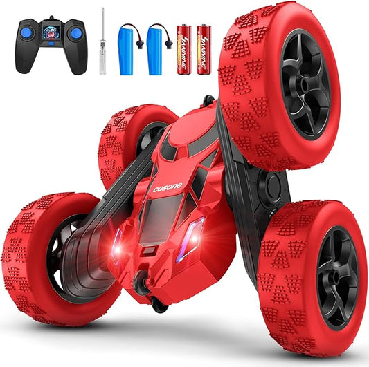 Remote Control Car for Boys - Car Toy for Kids Age 6 7 8 9, 4WD 2.4Ghz Double Sided 360° Rotating RC Cars with Headlights, Christmas Birthday for Boys and Girls - Red
