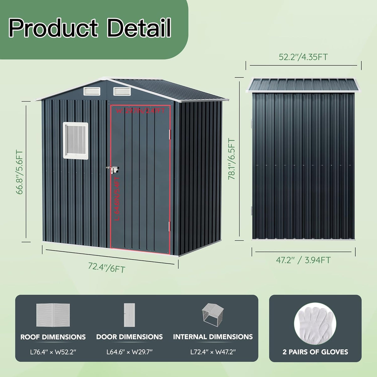 6X4X6.5 FT Compact Vertical Outdoor Steel Storage Shed with Lockable Doors, Ideal for Garden, Backyard, and Patio Utility and Small Tool Storage,Bike Shed, Garbage Can, Chicken Coop