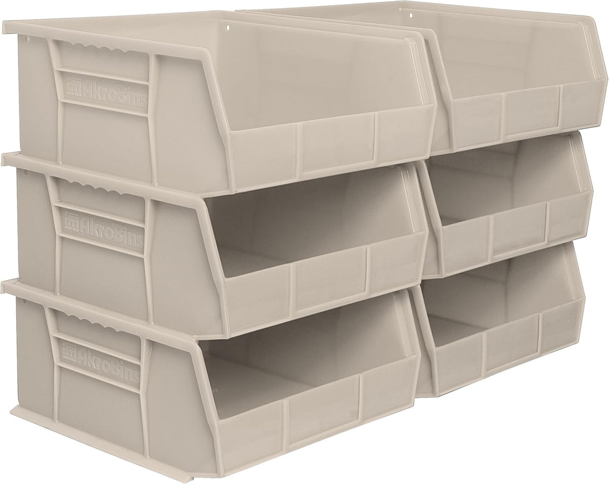 Akro-Mils 30235 AkroBins Plastic Storage Bins, Space-Saving Stackable Bins for Garage, Pantry, Craft Organization, 11-Inch x 11-Inch x 5-Inch, Stone, 6-Pack