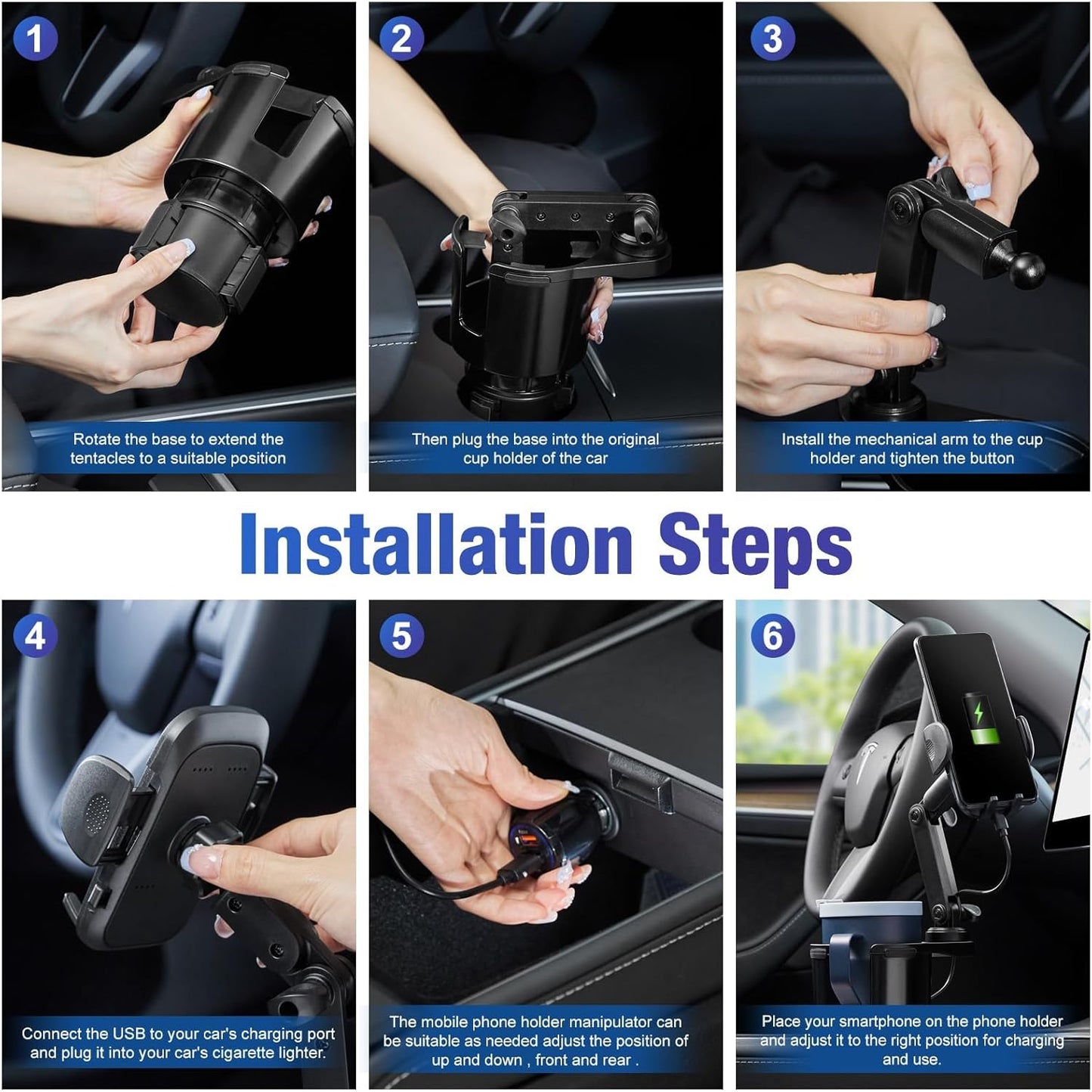 This Hill Cup Holder Phone Charger, 15W Fast Charging Auto Clamping, Phone Holder for Cup Holder Charger with Adjustable Base & 360° Rotation Compatible for All Smartphones(with Car Adapter)