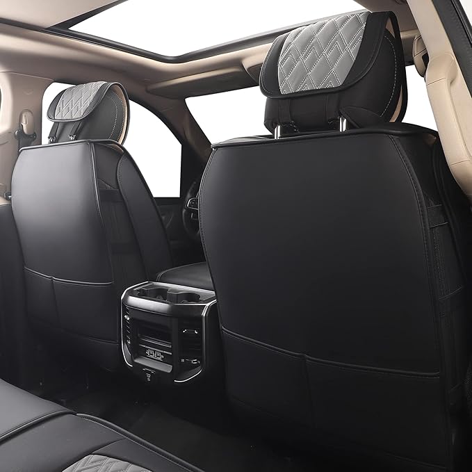 JOJOBAY Car Seat Covers for Dodge Ram 2 Pcs Front,Fit Ram 2009-2025 1500/2500/3500 Pick-up Truck,Crew,Regular,Quad,Mega Cab,Waterproof Leather Seat Covers Protectors（2 PCS Front,Black-Grey）