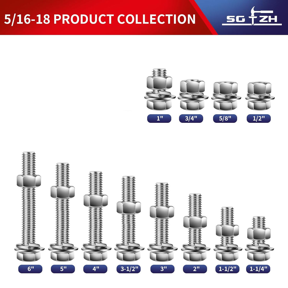 5/16-18 x 1" Hex Head Screw Bolt, Nuts, Flat & Lock Washers, 20Pcs 18-8 (304) Stainless Steel, Fully Threaded, by SG TZH