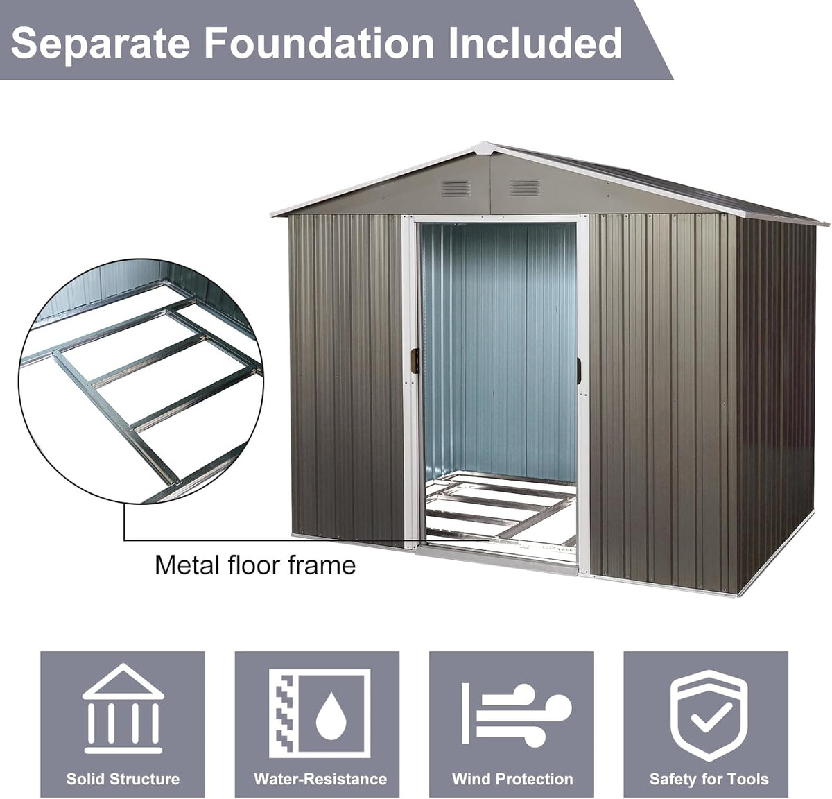 6x8 FT Outdoor Storage Shed, Metal Garden Shed with Frame Floor, Outside Tool Shed with Lockable Sliding Doors, Waterproof Storage Building with Sloped Roof for Backyard, Patio, Lawn, Gray