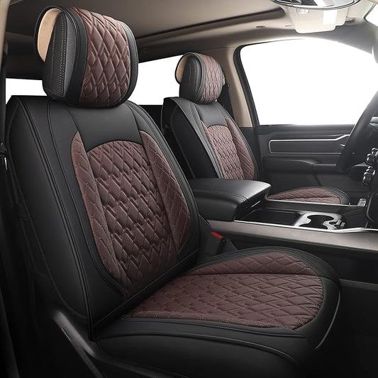 JOJOBAY Car Seat Covers for Dodge Ram 2 Pcs Front,Fit Ram 2009-2025 1500/2500/3500 Pick-up Truck,Crew,Regular,Quad,Mega Cab,Waterproof Leather Seat Covers Protectors（2PCS Front,Black-Brown）