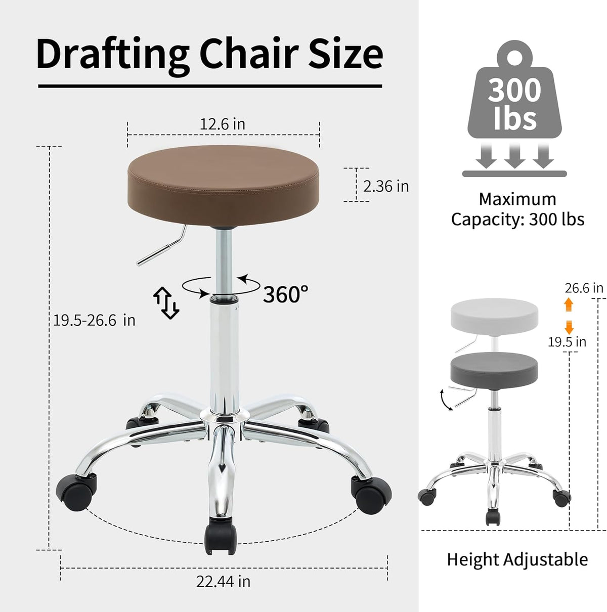 Adjustable Office Stool with Wheels 19.5’’-26.6’’, Brown Thick Cushion Backless Rolling Chair (Coffee Brown)