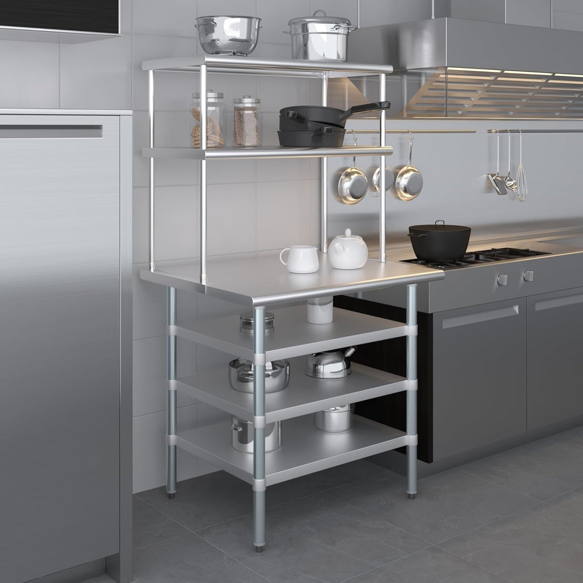 Amgood 30" x 36" Stainless Steel Work Table with 3 Shelves and 18" Wide Double Tier Overshelf | Metal Kitchen Prep Table & Shelving Combo | NSF