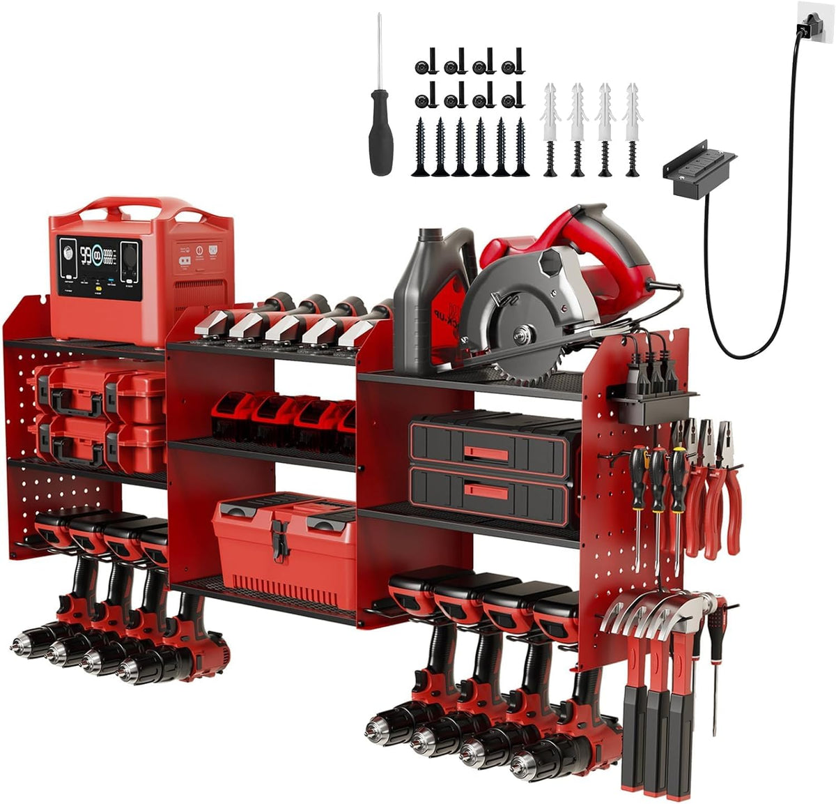 45" Power Tool Organizer Wall Mount with Charging Station - 3 Layer Storage Racks with 8 Cordless Drill Holder, 4 Hooks, Heavy Duty Garage Tool Organizer Storage for Workshop Shed Pegboard Basement