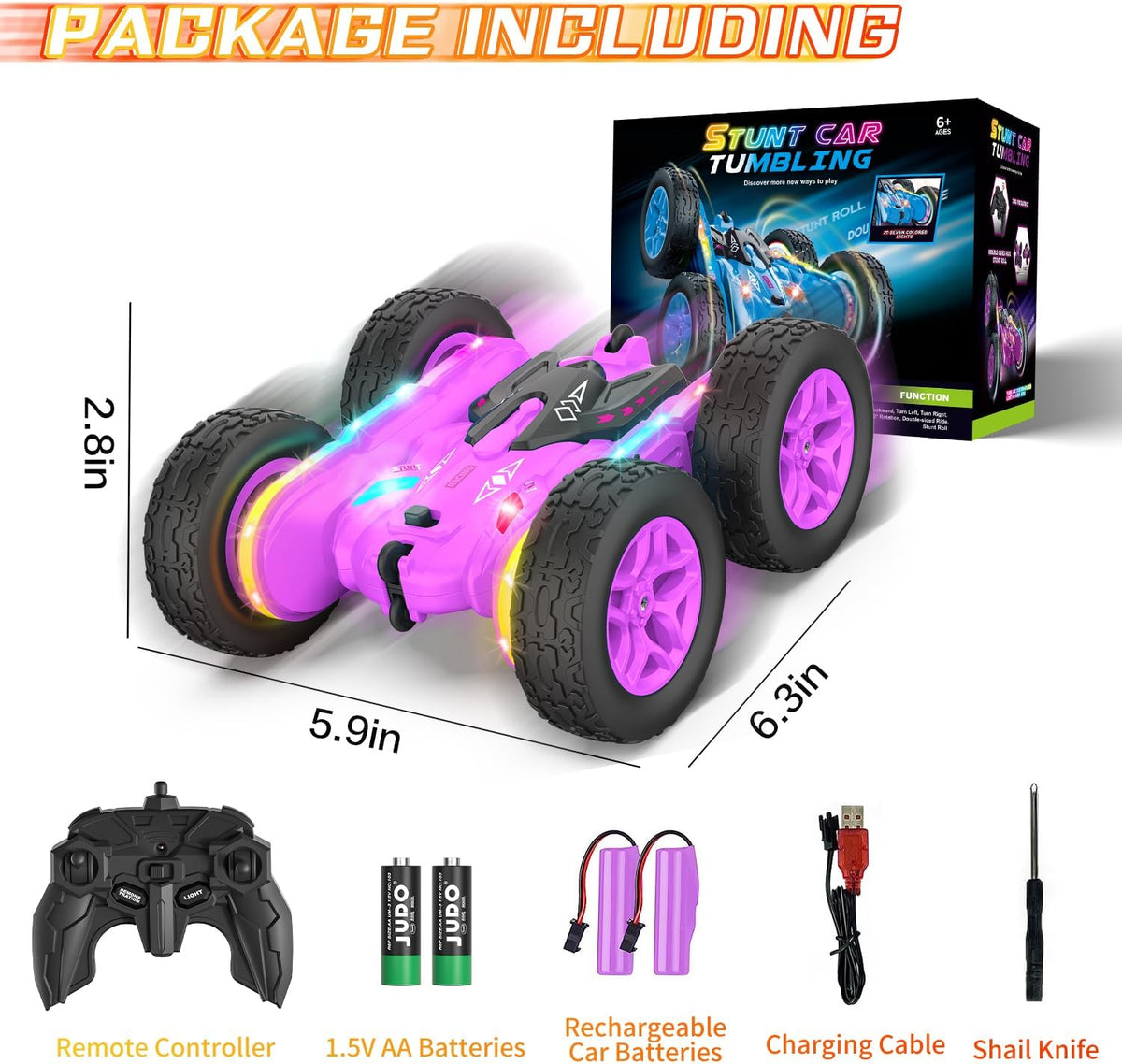 Remote Control Car, Rc Cars Stunt RC Car Toys New Upgraded Strip Lights and Headlights Girl Toys Double-Sided 360° Rotating 4WD Drift Truck for Boys Girls Birthday Gift (Purple)