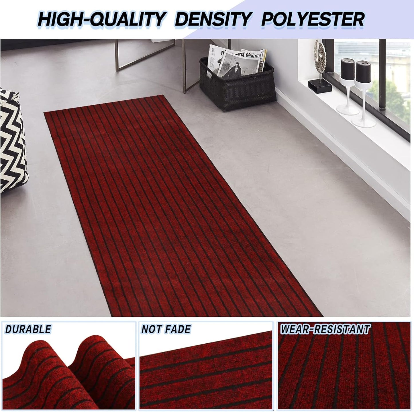Custom Size Backed Non-Slip Area Rugs Runner, Easy Clean, Waterproof Runner Rugs for Hallway Entryway, Kitchen, Laundry, 2FT x 25FT, Red Stripe