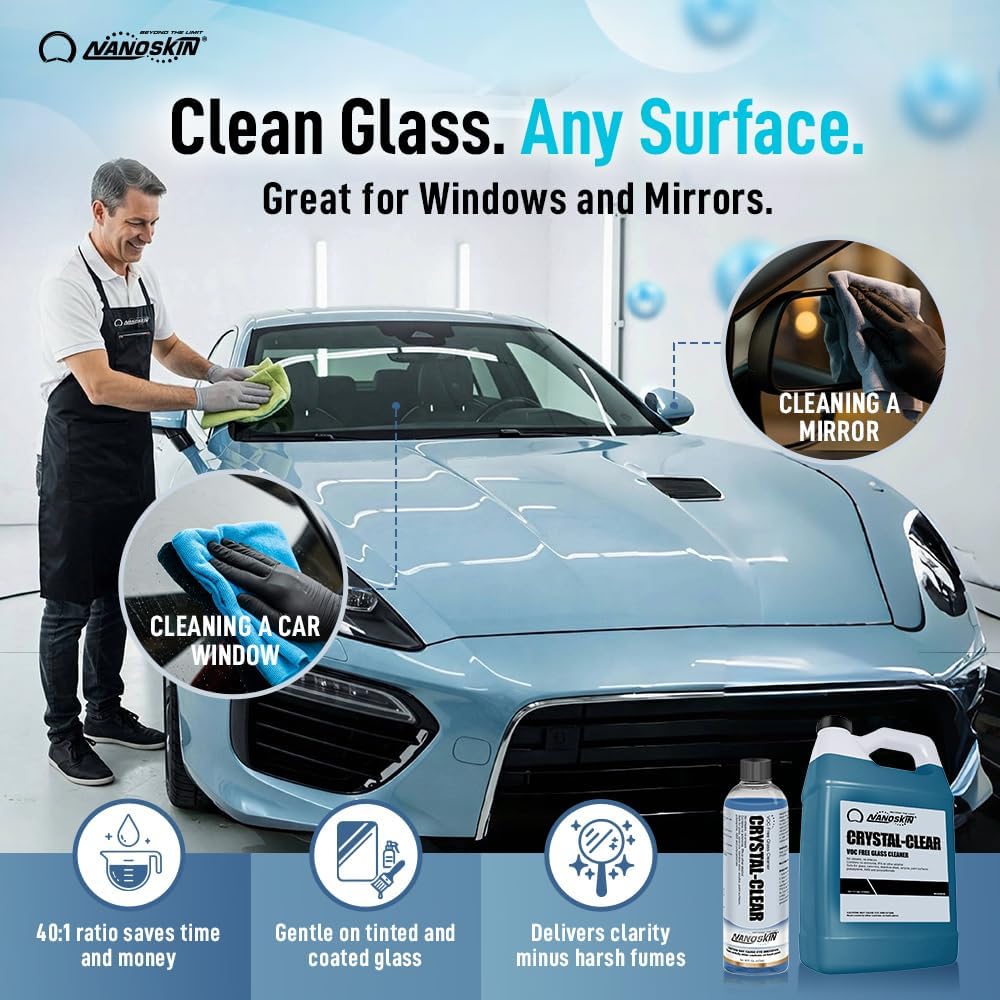 Nanoskin CRYSTAL-CLEAR VOC-Free Glass Cleaner, 32 Oz. Pack (2x16 Oz) - Advanced Eco-Safe, Streak-Free Shine, Multi-Surface Cleaning Solution | For Auto, Home, Office, & Commercial Use | 40:1 Dilution