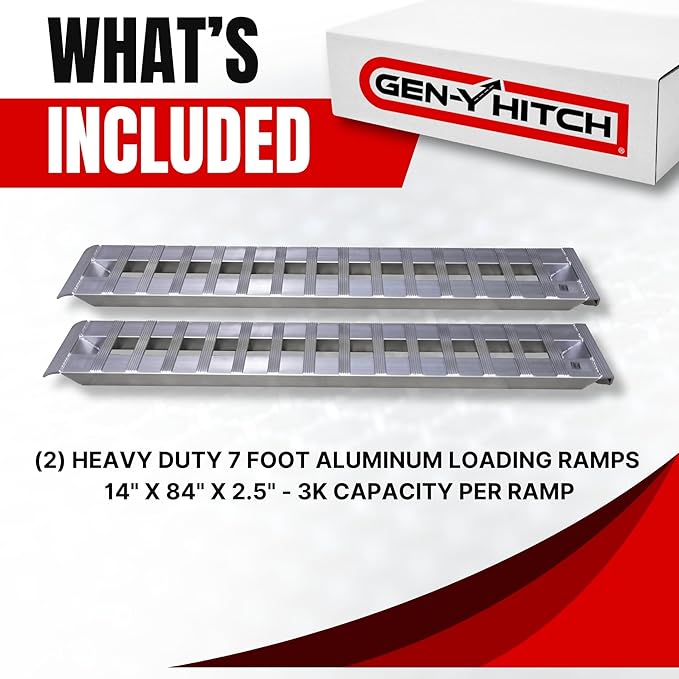 GEN-Y Hitch Heavy Duty Aluminum Loading Ramps - Set of 2, 7 Foot Long x 14 Inches Wide, 6000 lbs Capacity, Hybrid Hook and Plate Ends, Serrated Cross Rungs for Maximum Traction