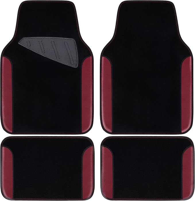 CAR PASS Waterproof Universal Fit Car Floor Mats, Car Mats Fit for SUV,Vans,sedans, Trucks,Set of 4pcs Car Carpet with Driver Heel Pad（Black and Burgundy）