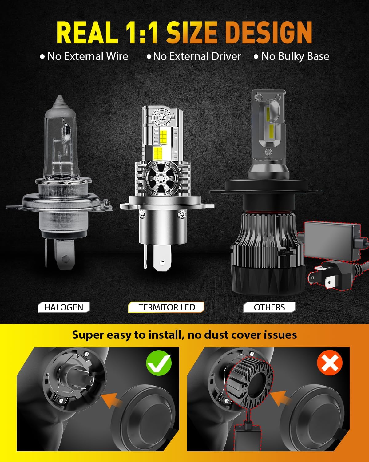 H4/9003/HB2 LED Bulbs, 55000 LM 1000% Ulter-Bright, 6500K Cool White, 60/55W Fan Light Bulb, 70000+ HRS 1:1 Halogen Size, Plug-N-Play, Pack of 2