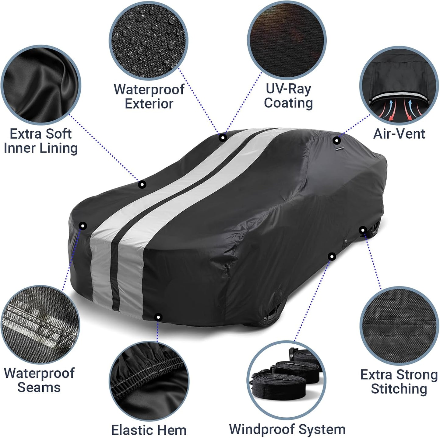 iCarCover Custom Car Cover for Chevy Business Coupe (1947-1953) Waterproof All Weather Rain Snow UV Sun Protector Full Exterior Indoor Outdoor Car Cover (Stripe - Black/Gray)