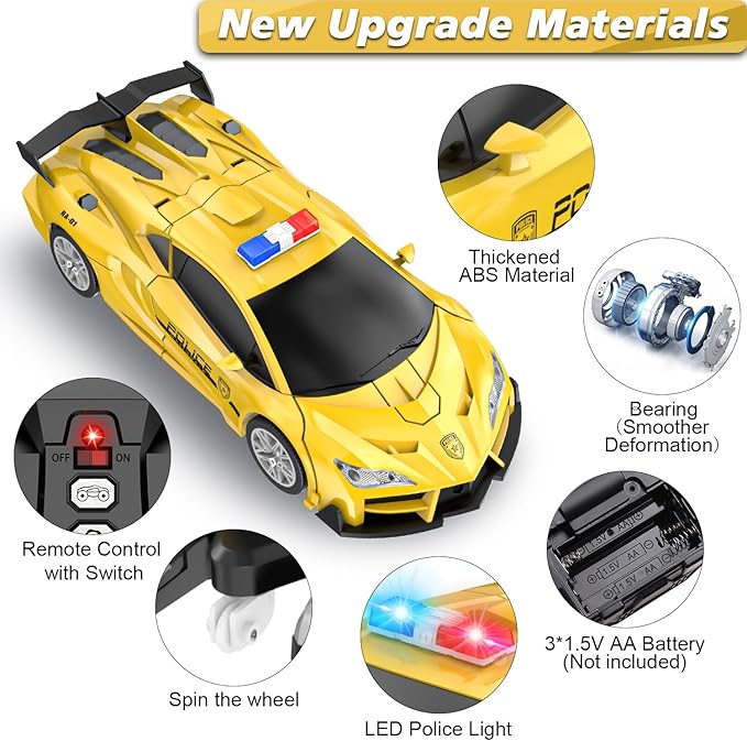 Remote Control Car for Boys 4-7, 2.4GHz RC Car 1:18 Scale, One-Button Transforming Toy with 360° Spins, LED Lights（Yellow）