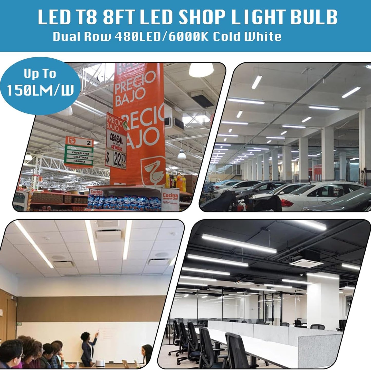 12 Pack, T8/T10/T12 8FT LED Tube Light, Single Pin FA8 Base, 100W 6000LM 6000K Cold White, 270 Degree V Shaped LED Fluorescent Bulb (200W Equiv.), Clear Cover, Dual-Ended Power