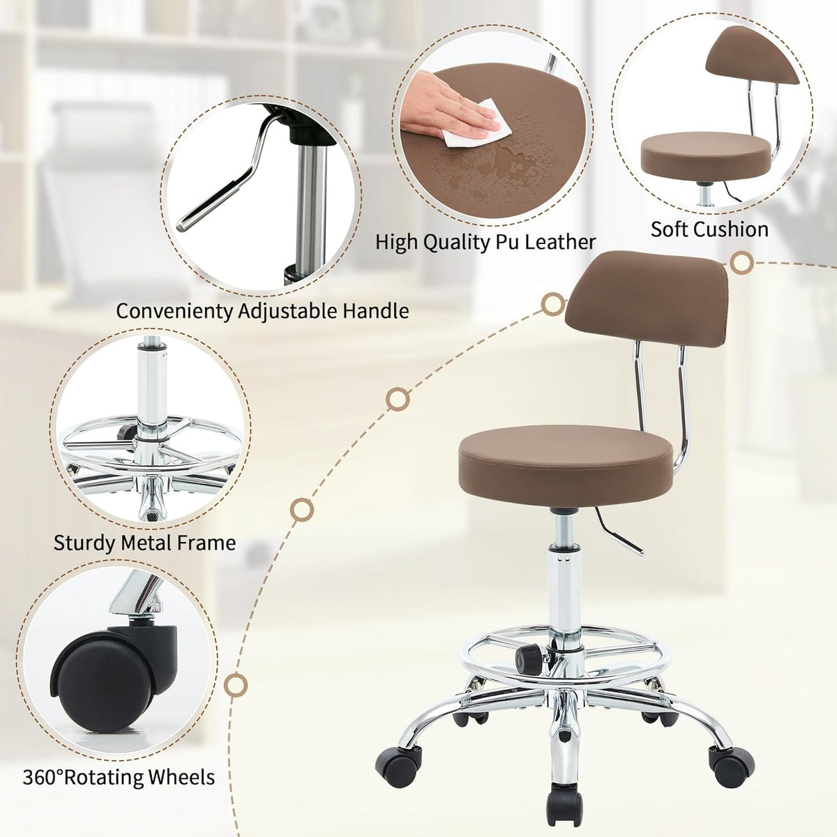Salon Rolling Chair, Adjustable Stool with Footrest and Back 19.5’’-26.6’’,Coffee Brown Massage Stools with Wheels (Coffee Brown)
