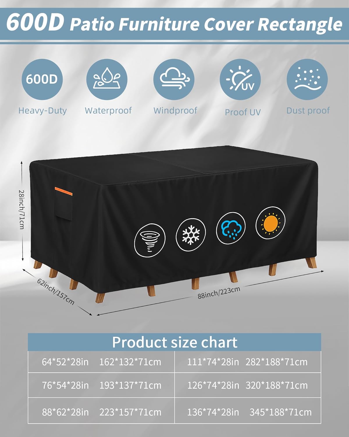 Outdoor Waterproof Furniture Cover, 88W x 62L x 28H inches Heavy Duty 600D Rectangular Table and Chair Set Protection, Black