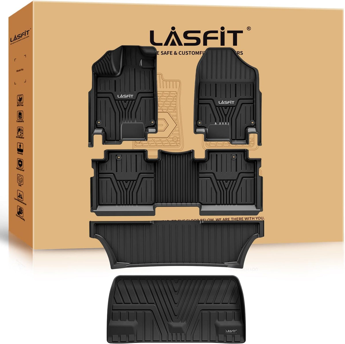 LASFIT Floor Mats & Trunk Mat for Honda Odyssey 2026 2025 2024 2023 2022 2021 2020 2019 2018 Mini Passenger Van, All Weather TPE Car Floor Liners-1st & 2nd & 3rd Row & Cargo Mat Full Set