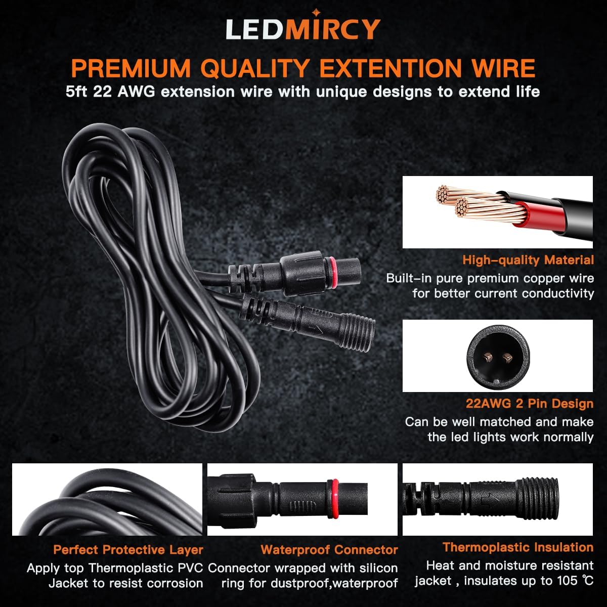 LED Rock Lights Extension Cable Wire Cord 2Pin Waterproof 4PCS 5ft 22AWG with Male to Female Connectors 11mm Nut Size for Wheel Lights Spot Flood Light Driving Fog Light for Truck