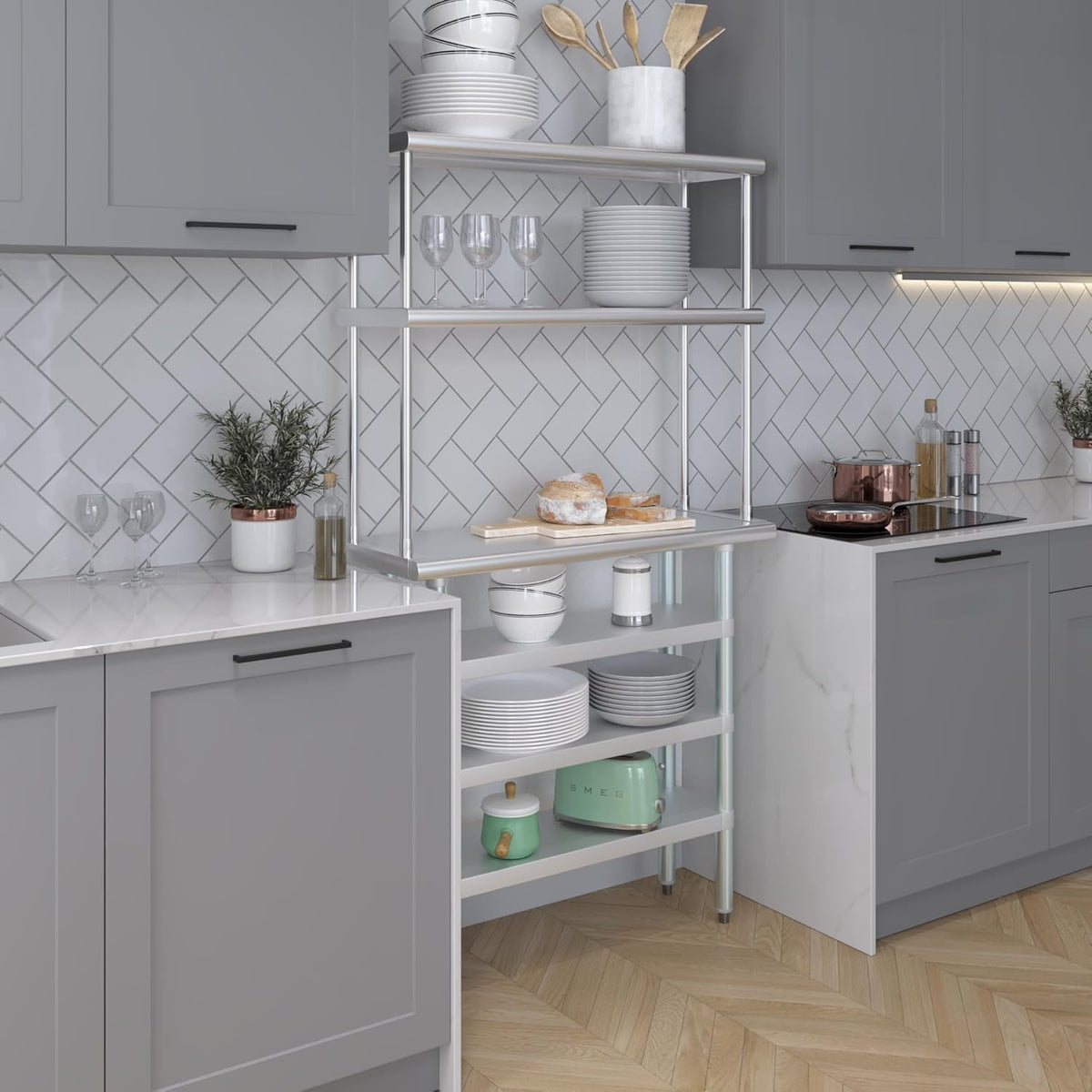 Amgood 14" x 36" Stainless Steel Work Table with 3 Shelves and 12" Wide Double Tier Overshelf | Metal Kitchen Prep Table & Shelving Combo | NSF