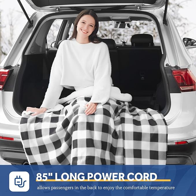 Sealy 12-Volt Heated Car Blanket, Portable Electric Blanket with 3 Heating Levels & 4 Hours Auto Off for Car, Truck, SUV, RV or Camping, Machine Washable, 59" X 43", Plaid