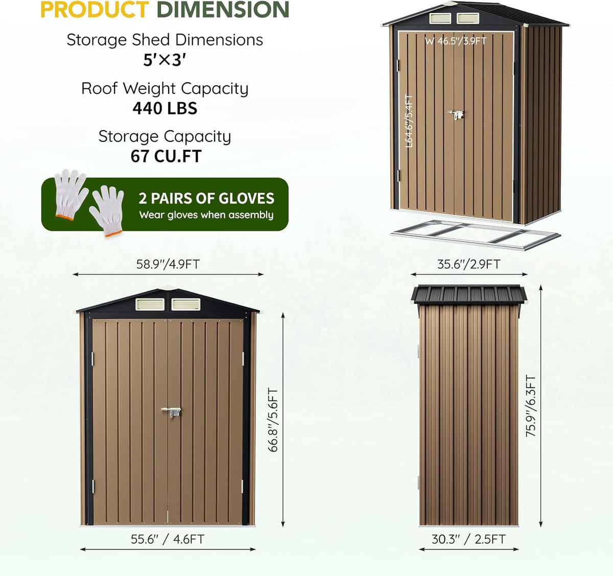 5x3FT Outdoor Steel Storage Shed with Floor Frame, Lockable Doors, Compact Metal Tool Shed for Garden, Backyard, Patio, Utility, and Bike Storage,Brown