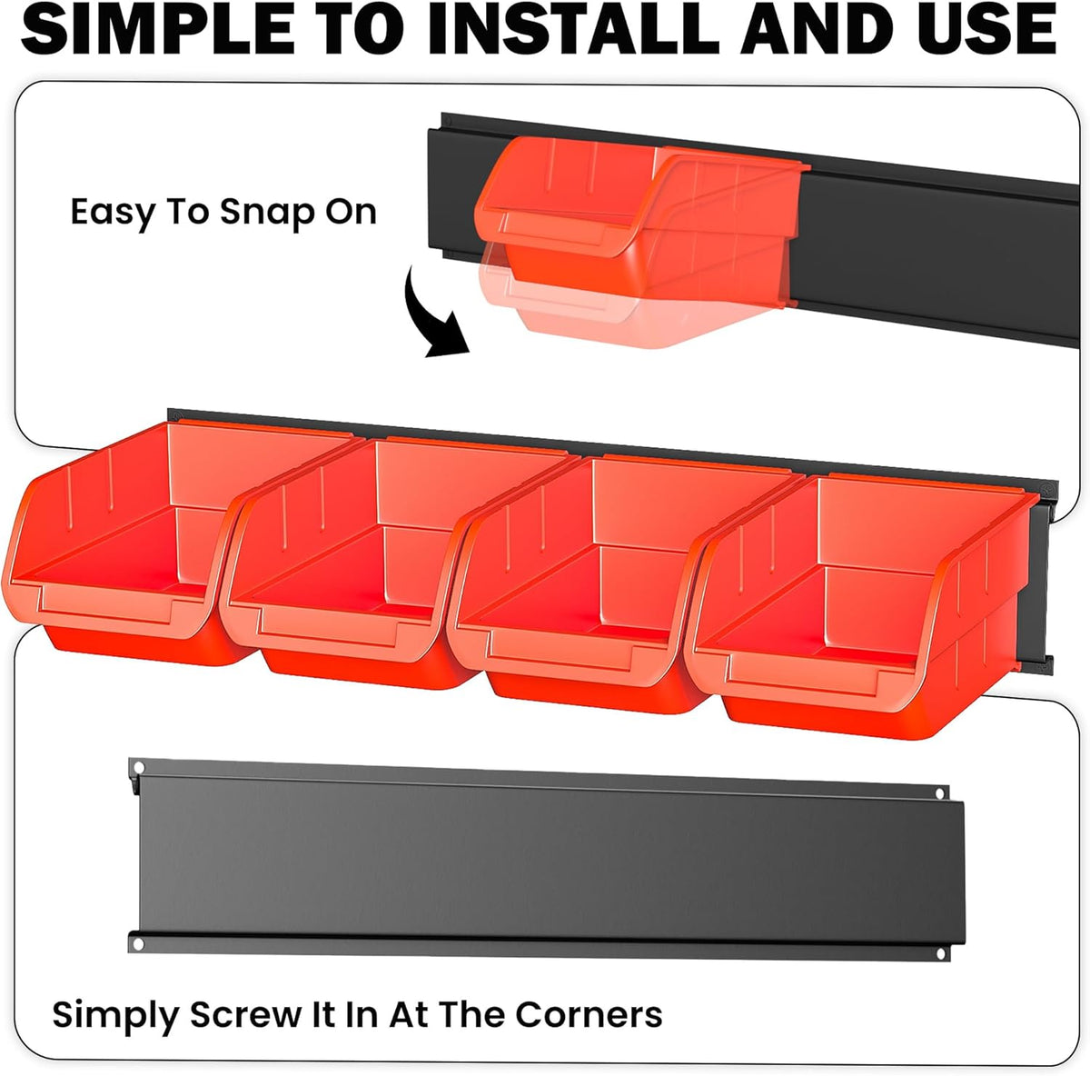 Ultrawall Wall Mounted Storage Bins, Plastic Hanging Storage Organizer Bins, Garage Tool Storage System for Screws, Nuts, Bolts, Nails, and Small Hardware Parts, 16x bins & 4 x rails, Orange