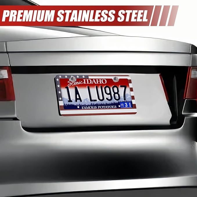 2 Pack License Plate Frames, Stainless Steel Car License Plate Cover Car Accessories with Screw Caps (Red and Blue)