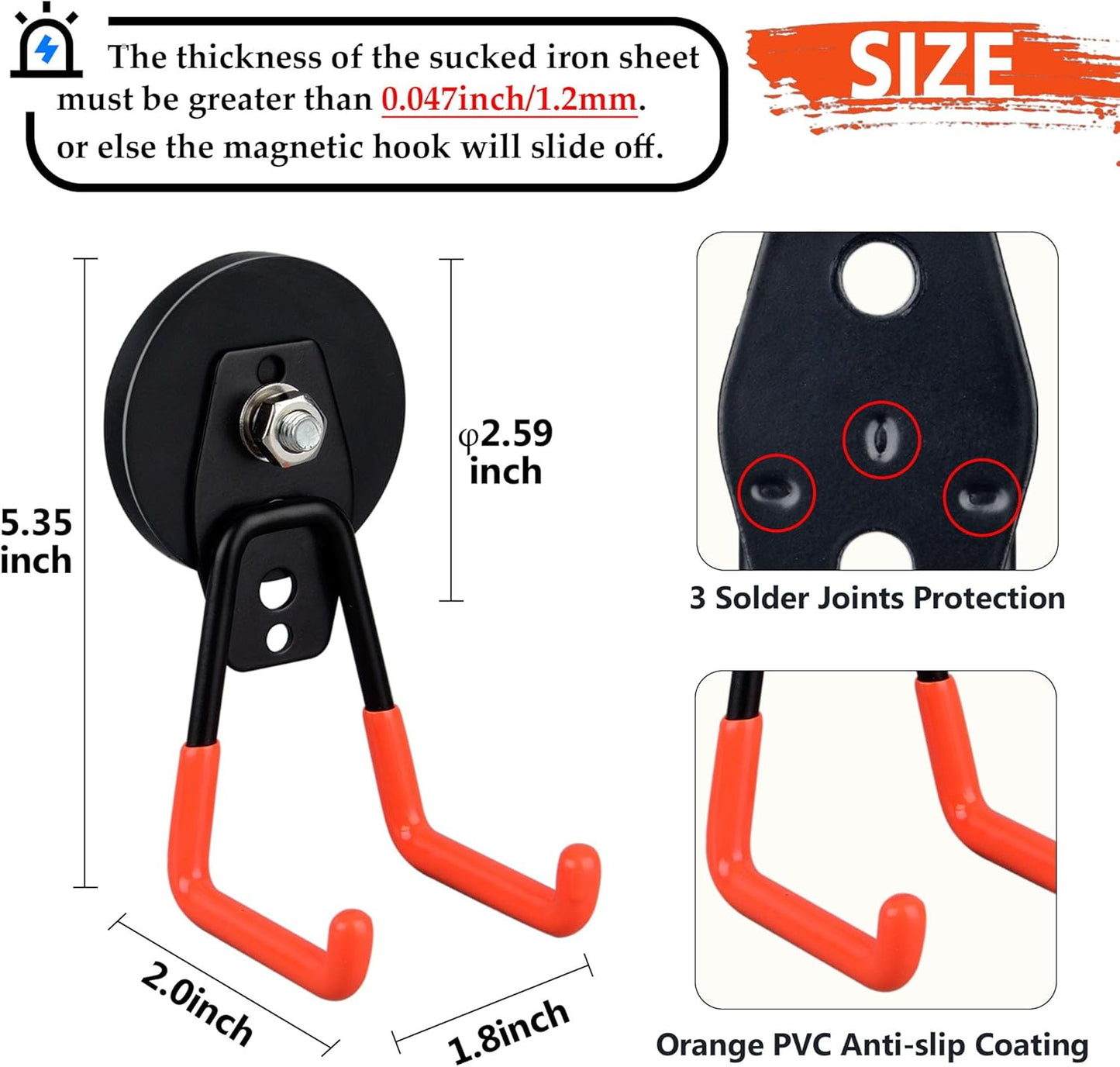 ULIBERMAGNET Heavy Duty Magnetic Garage Hooks,Strong Large Magnet Hooks for Power Drill,Garden Tools,Hose,Pegboard,Garage,Workshop,2 Pack Magnetic Storage Holder for Indoor Outdoor Hanging(Orange)