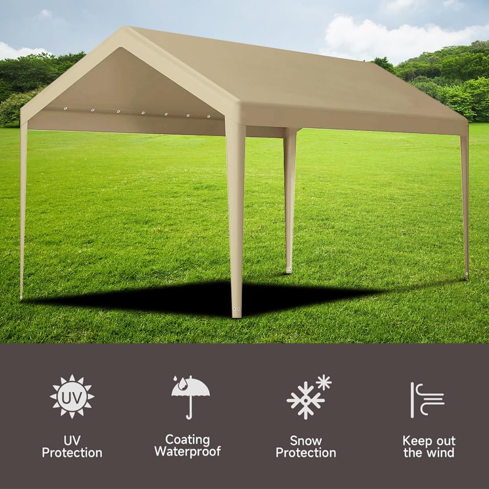Rutile 12 x 20 FT Carport Replacement Cover, Heavy Duty Car Tarp Canopy Tent Garage Top Shelter Cover with Fabric Leg Pole Skirts and Ball Bungees Beige (Only Top Cover, Frame is not Included)