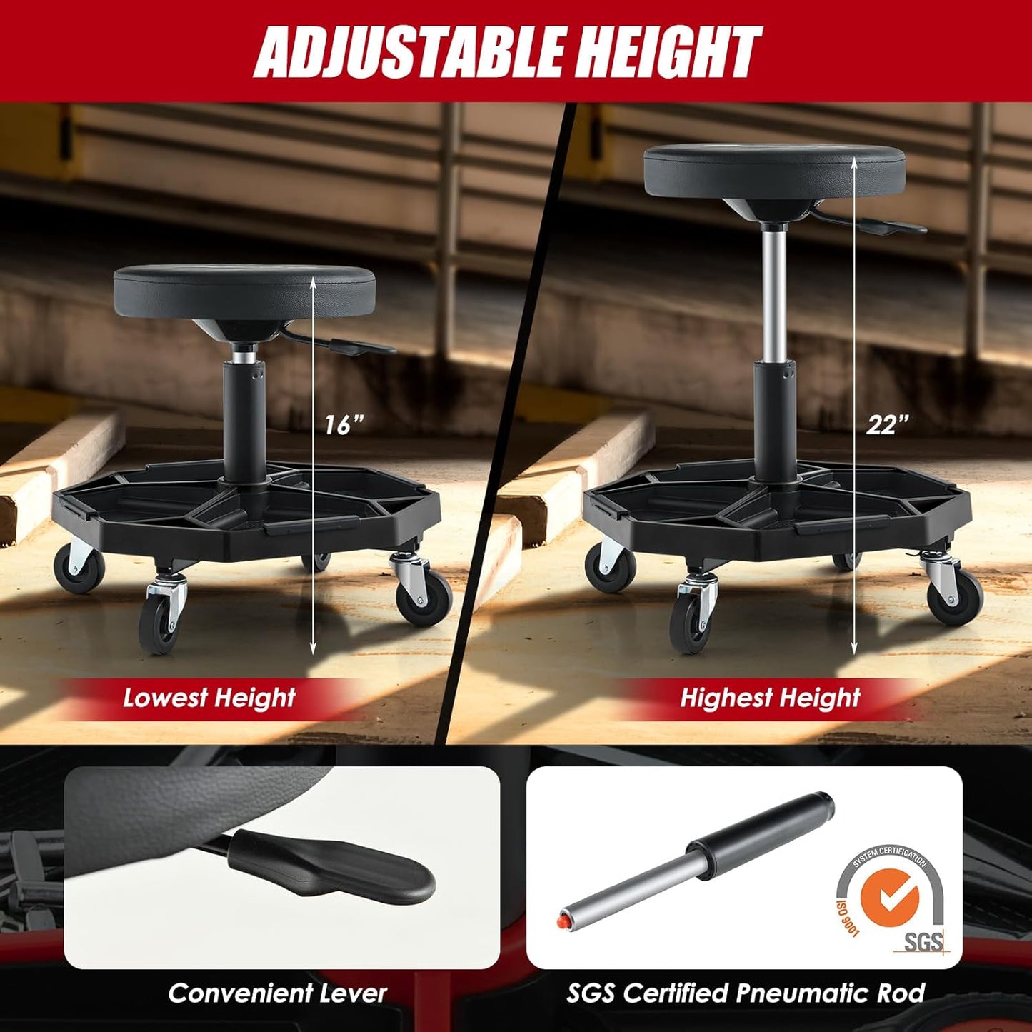 Goplus Mechanic Stool, Rolling Garage Chair with 16”-22” Adjustable Height, Removable Magnetic Tool Tray, 2” Thick Padded Cushion, Universal Wheels, 330LBS, Roller Creeper Seat (Black)