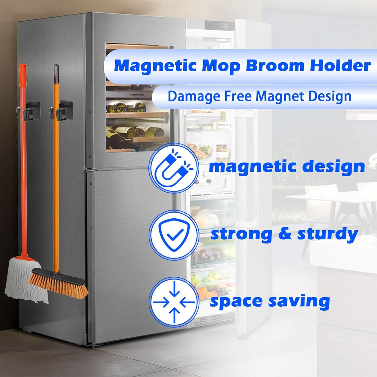 Strong Magnetic Mop Broom Holder, 2 Pack Heavy Duty Magnetic Mop Hanger for Refrigerators, Magnet Wall Mount Broom Holder Tool Storage for Laundry Room Garage Kitchen Workshops Metal Shed