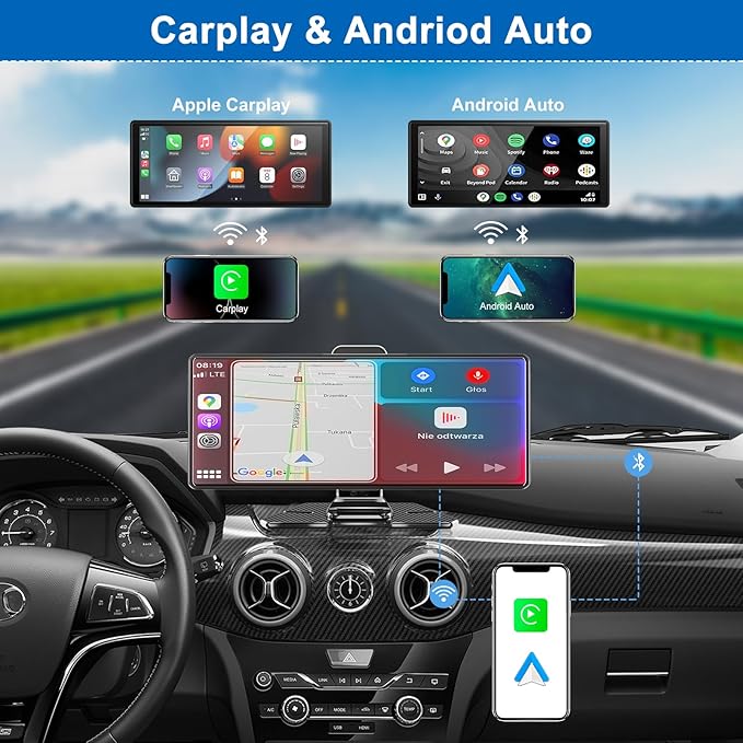 Carplay Screen for Car,10.26" HD IPS Wireless Portable car Stereo for Apple Carplay&Android Auto,Car Audio Receivers with 4K Dash Cam/1080P Rear Camera,GPS Navigation,Mirror Link,FM,Voice Control