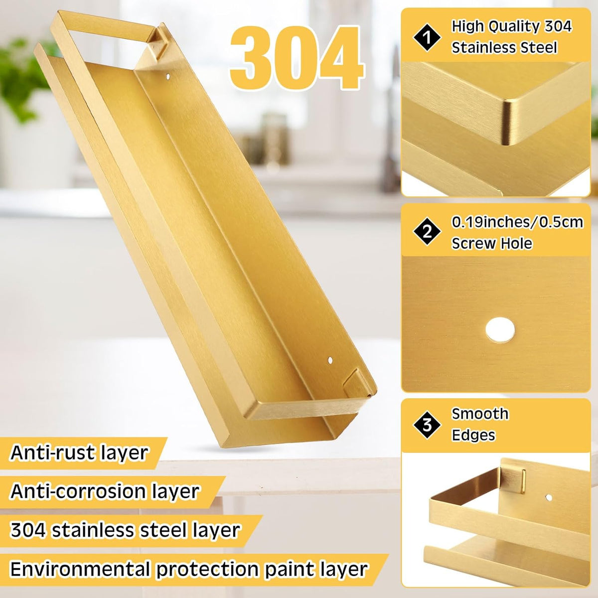 Lallisa 2 Pieces Stainless Steel Shelf Bathroom Shower Floating Shelves Wall Mounted Shower Caddy Basket Shelf Storage Organizer Shelves for Bathroom, Kitchen, Living Room (15.75 Inch/ 40 cm,Gold)