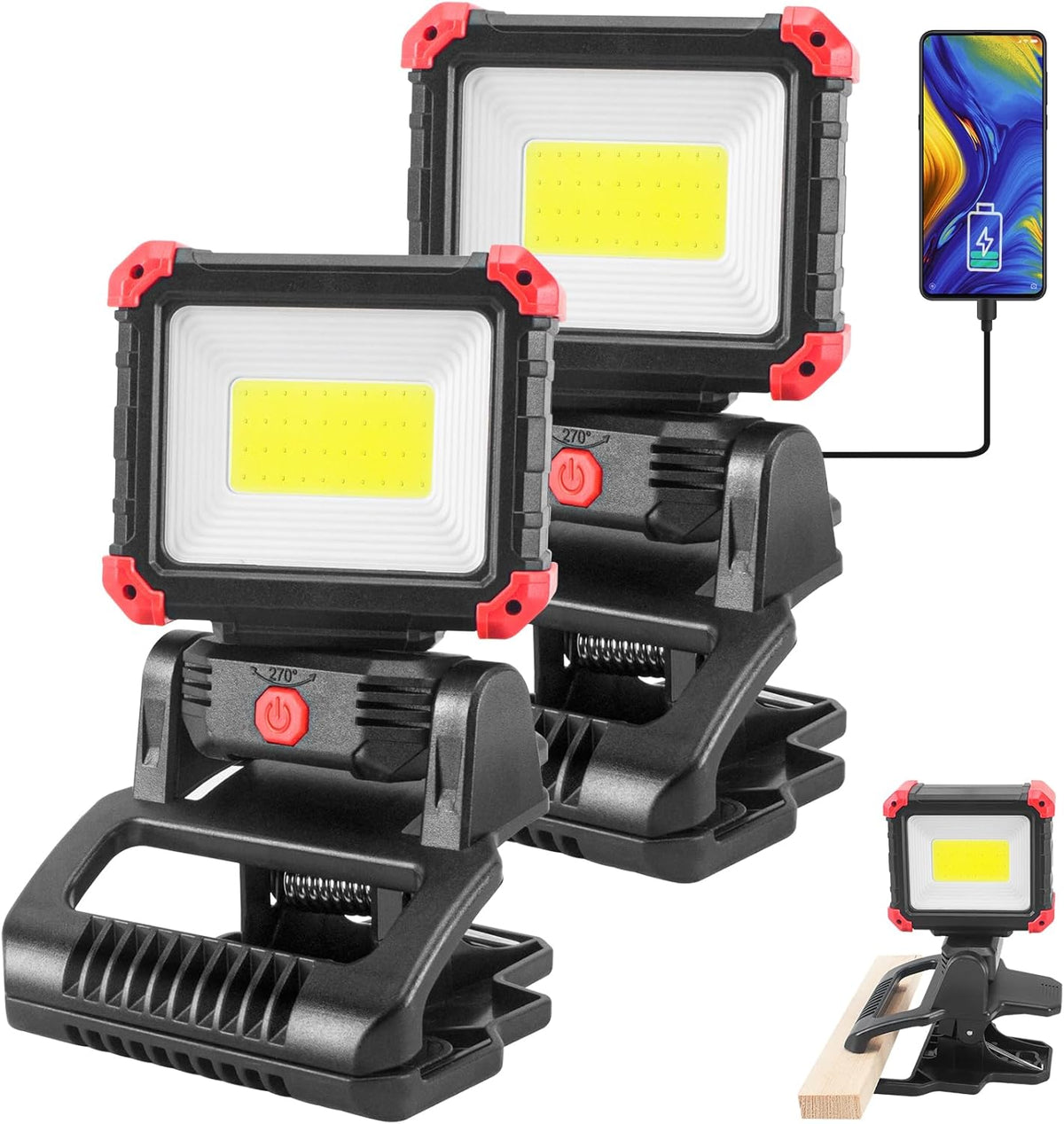 LED Rechargeable Work Light with Clamp, 2Pack 2100LM COB Magnetic Work Light with 3 Light Modes, 270° & 180° Rotation, Waterproof, Perfect for BBQ, Jobsite, Workshop, Car Repairing