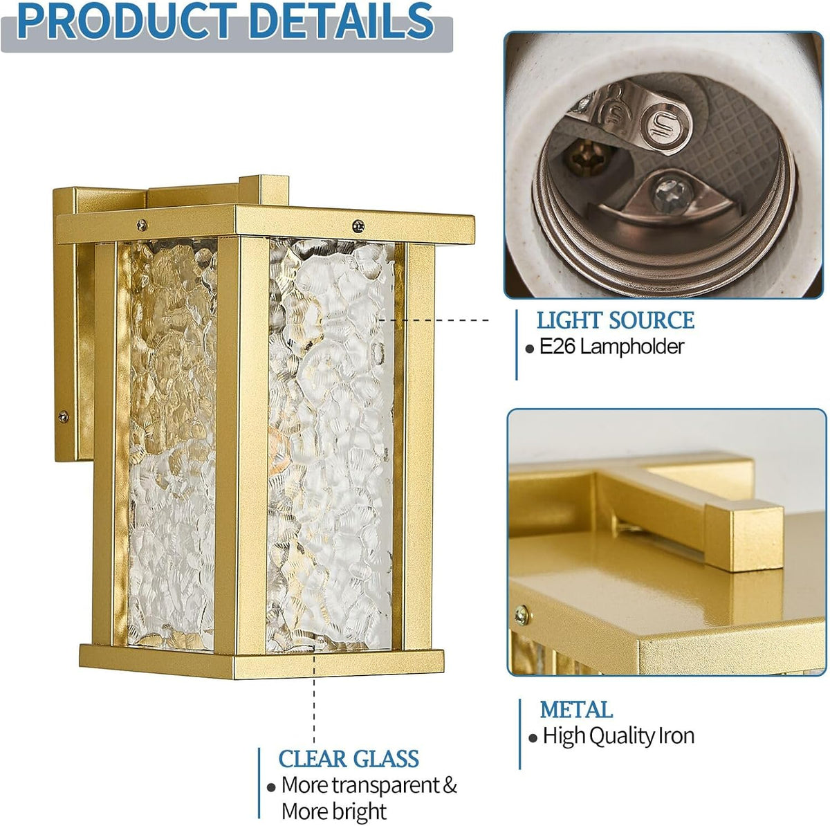 Outdoor Wall Sconce E26 Base Metal Frame - Gold Exterior Light Fixture with Clear Glass, Waterproof Porch Wall Mount Lighting for Garage, Patio(Bulb not Included)