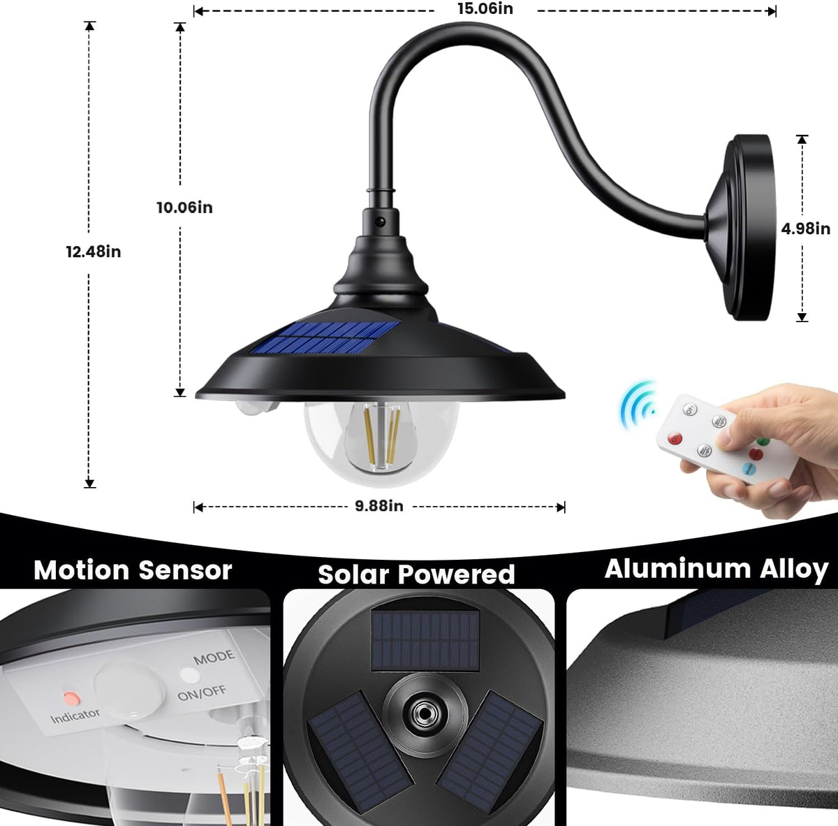 SIEDiNLAR Solar Barn Light Outdoor 3 Modes 2 Lighting, Aluminum Vintage Farmhouse Gooseneck Wall Light Waterproof with Remote & Motion Sensor for Barn Garage Shed Porch Chicken Coop Black (2 Pack)